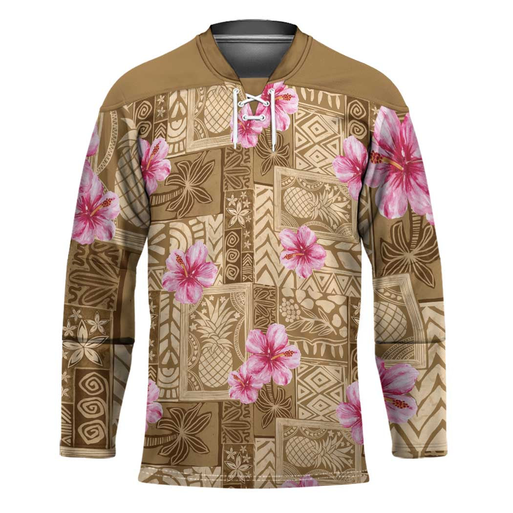 Beige Hawaii Hibiscus With Tropical Flowers Motifs Hockey Jersey LT14 Unisex Beige - Polynesian Pride