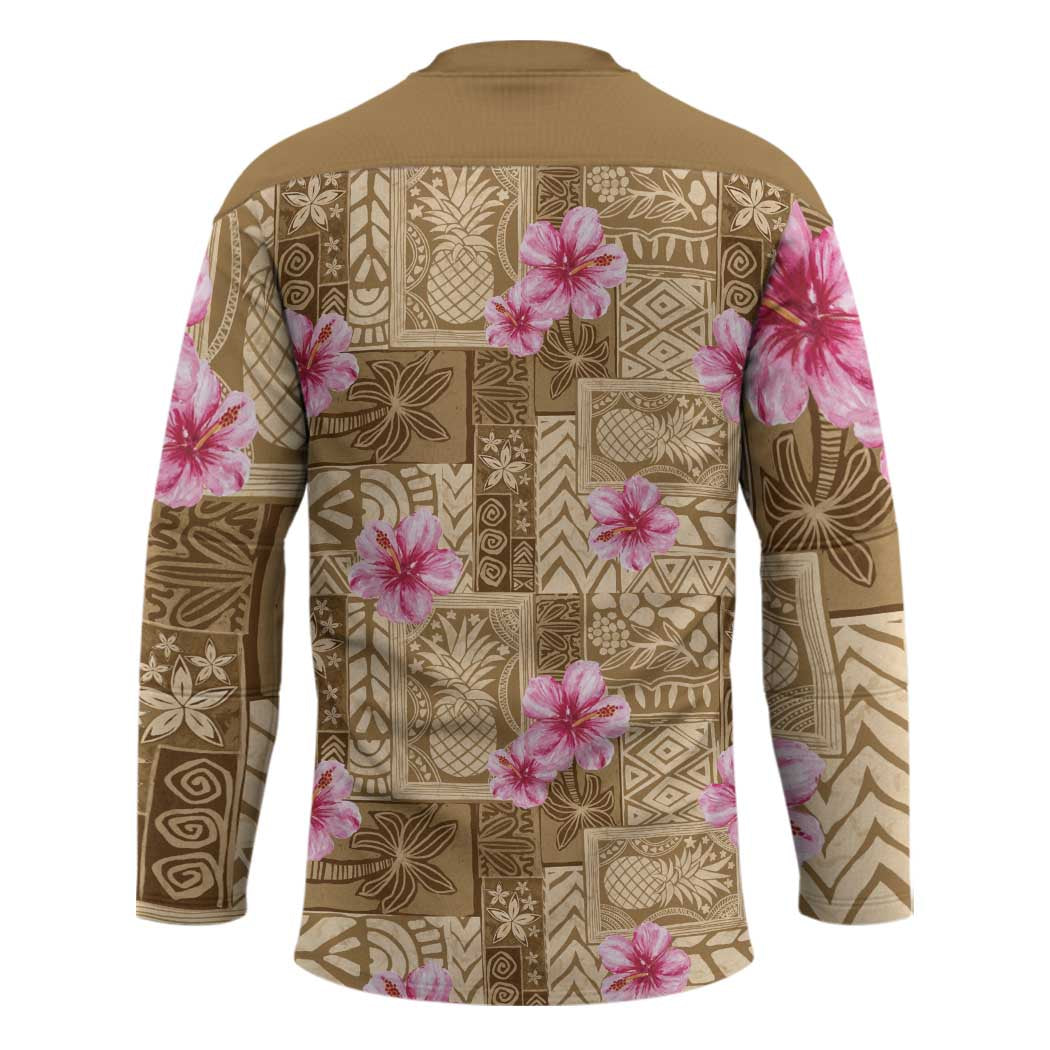 Beige Hawaii Hibiscus With Tropical Flowers Motifs Hockey Jersey LT14 - Polynesian Pride