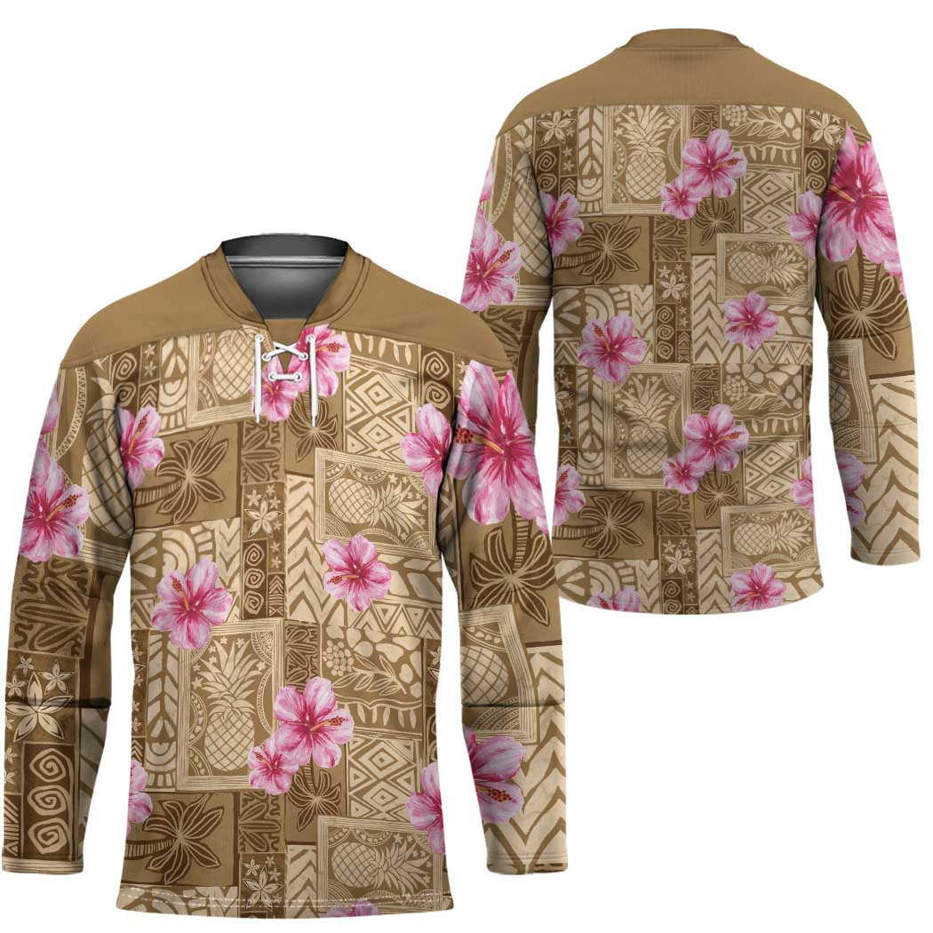 Beige Hawaii Hibiscus With Tropical Flowers Motifs Hockey Jersey LT14 - Polynesian Pride
