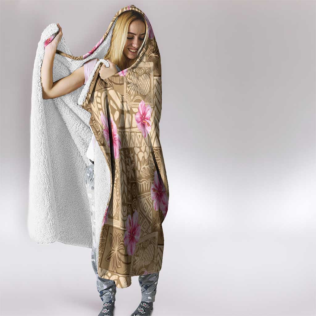 Beige Hawaii Hibiscus With Tropical Flowers Motifs Hooded Blanket - Polynesian Pride