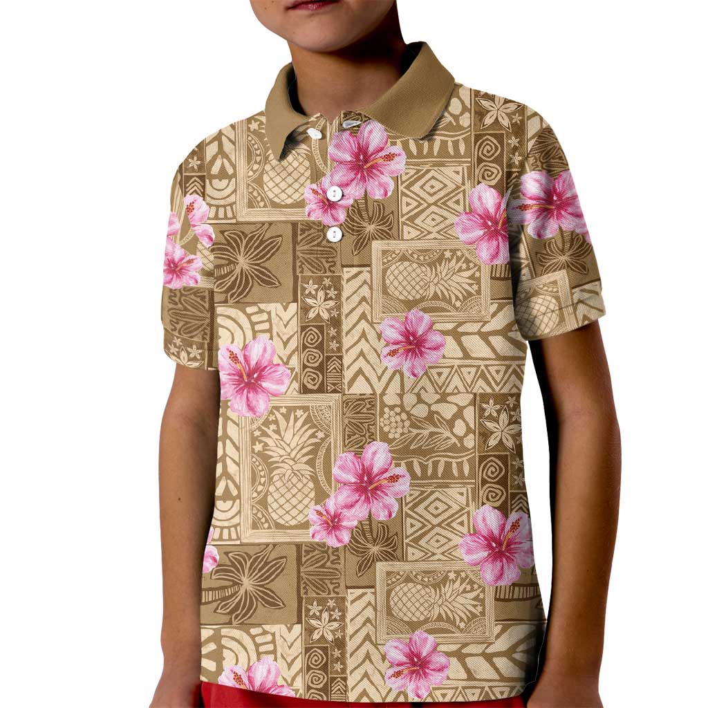 Beige Hawaii Hibiscus With Tropical Flowers Motifs Kid Polo Shirt LT14 Kid Beige - Polynesian Pride