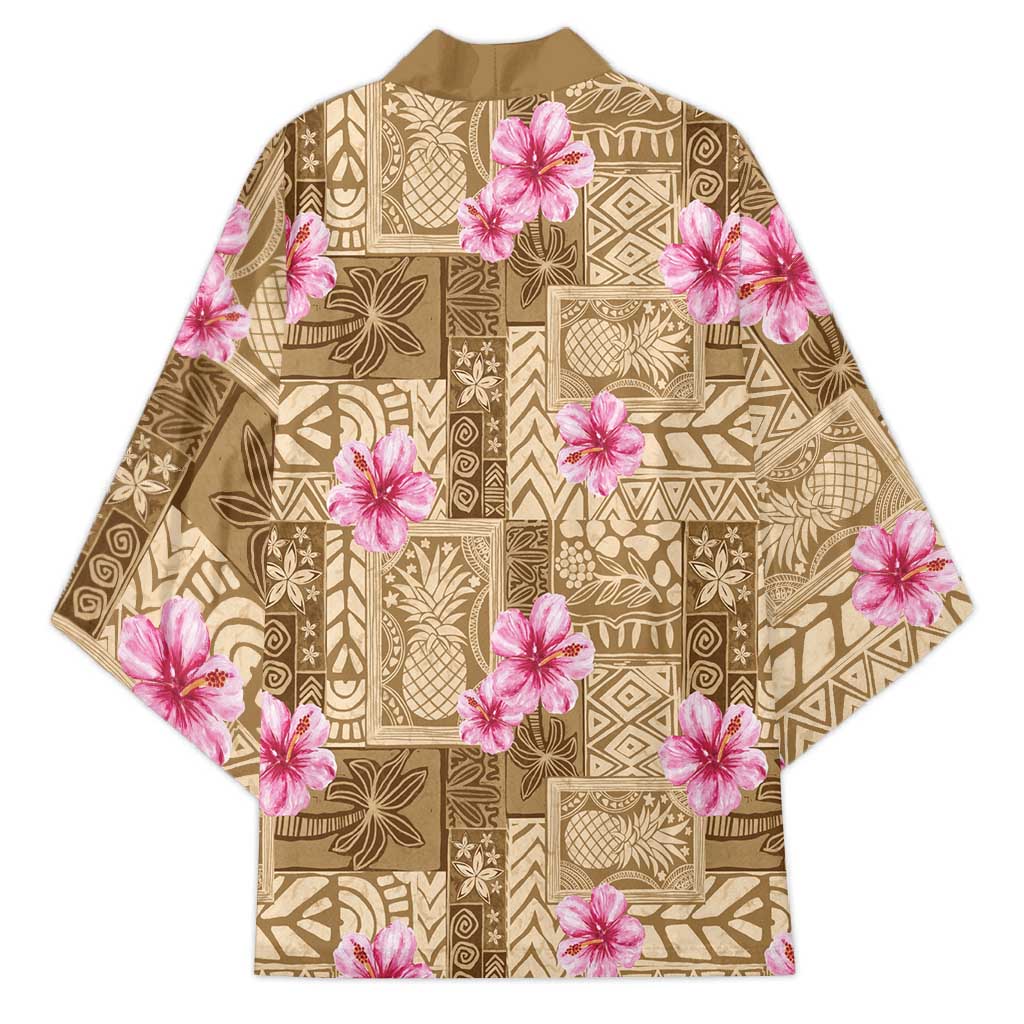 Beige Hawaii Hibiscus With Tropical Flowers Motifs Kimono LT14 - Polynesian Pride