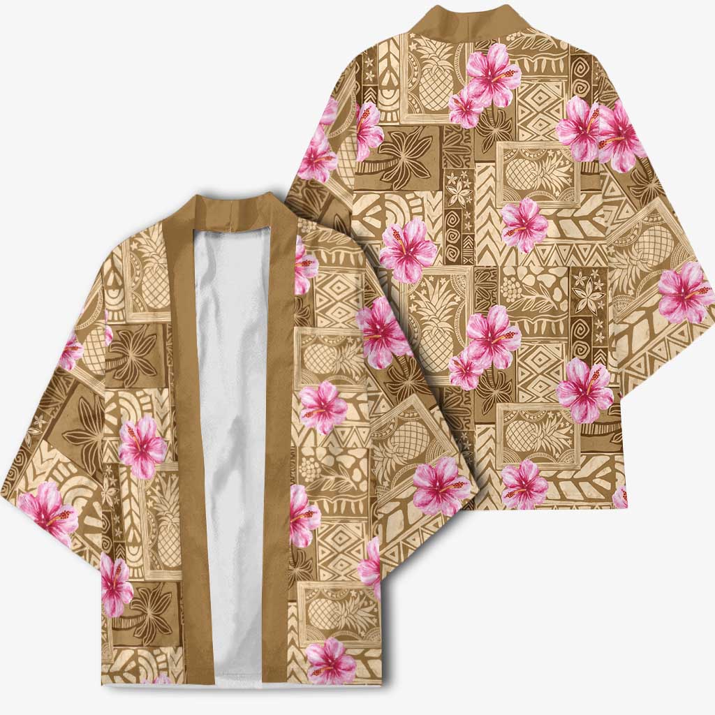 Beige Hawaii Hibiscus With Tropical Flowers Motifs Kimono LT14 - Polynesian Pride