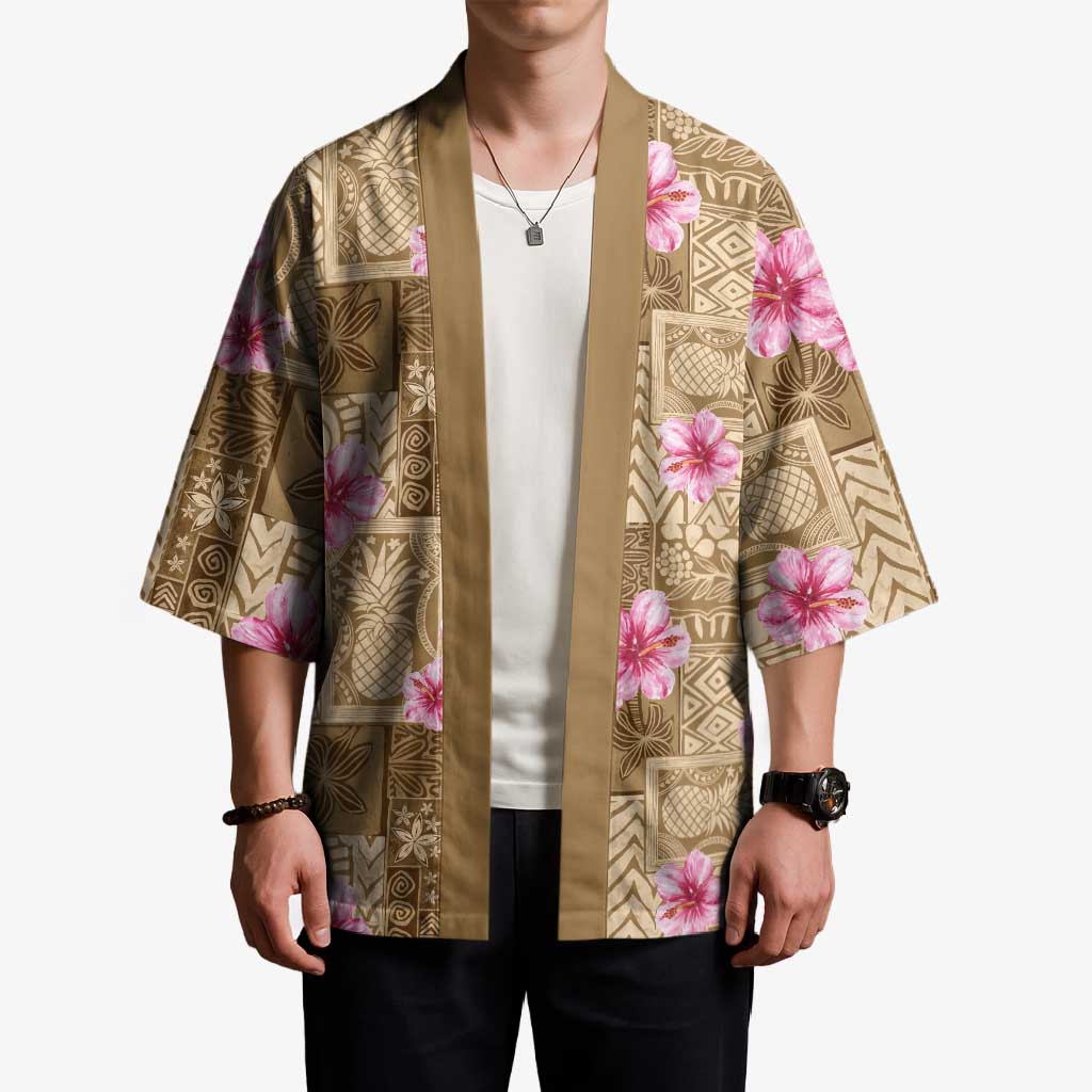 Beige Hawaii Hibiscus With Tropical Flowers Motifs Kimono LT14 - Polynesian Pride