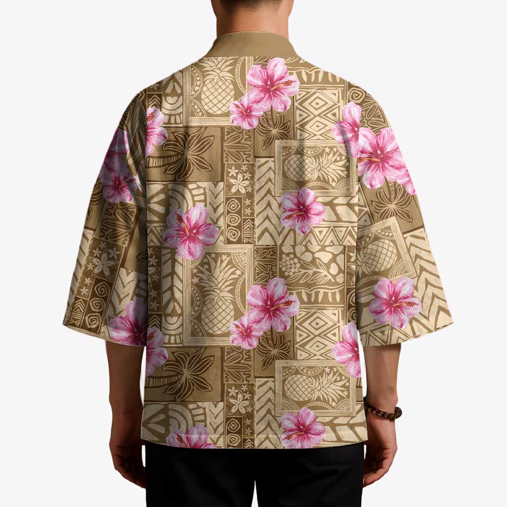 Beige Hawaii Hibiscus With Tropical Flowers Motifs Kimono LT14 - Polynesian Pride