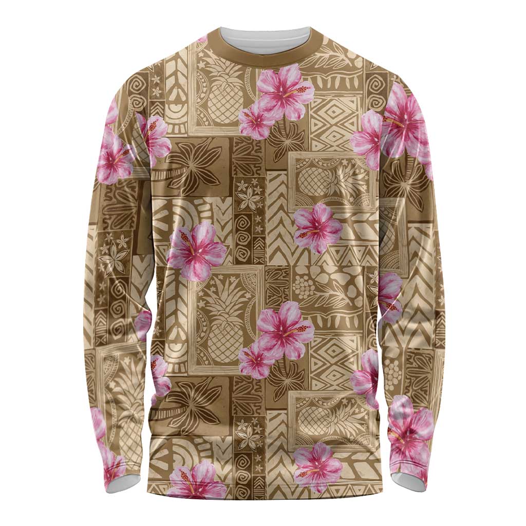 Beige Hawaii Hibiscus With Tropical Flowers Motifs Long Sleeve Shirt LT14 Unisex Beige - Polynesian Pride