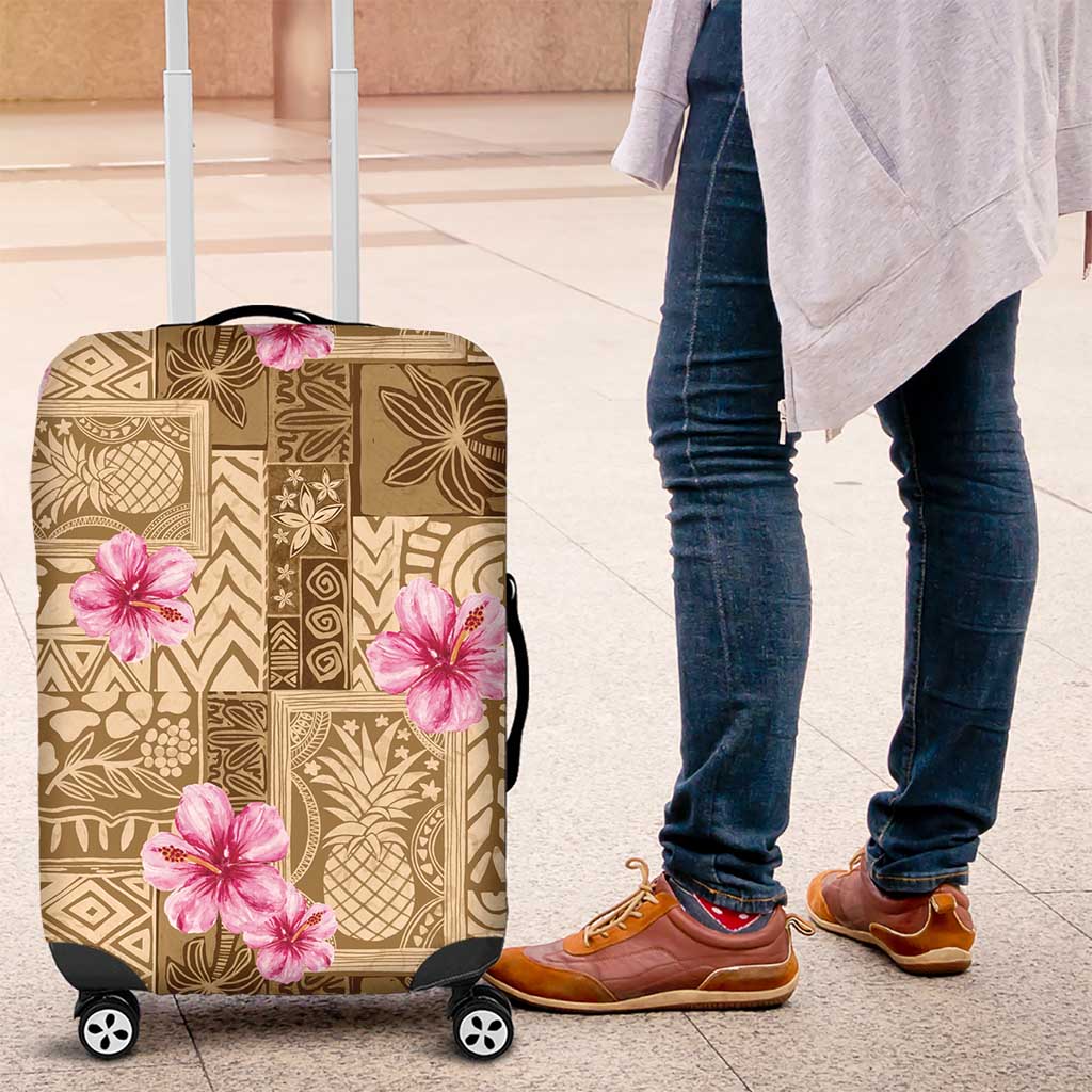 Beige Hawaii Hibiscus With Tropical Flowers Motifs Luggage Cover LT14 Beige - Polynesian Pride