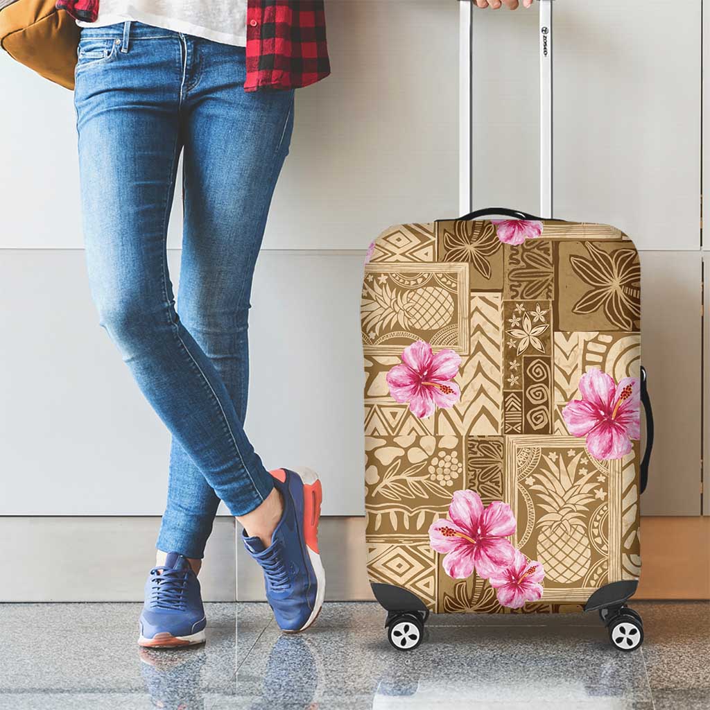 Beige Hawaii Hibiscus With Tropical Flowers Motifs Luggage Cover LT14 - Polynesian Pride