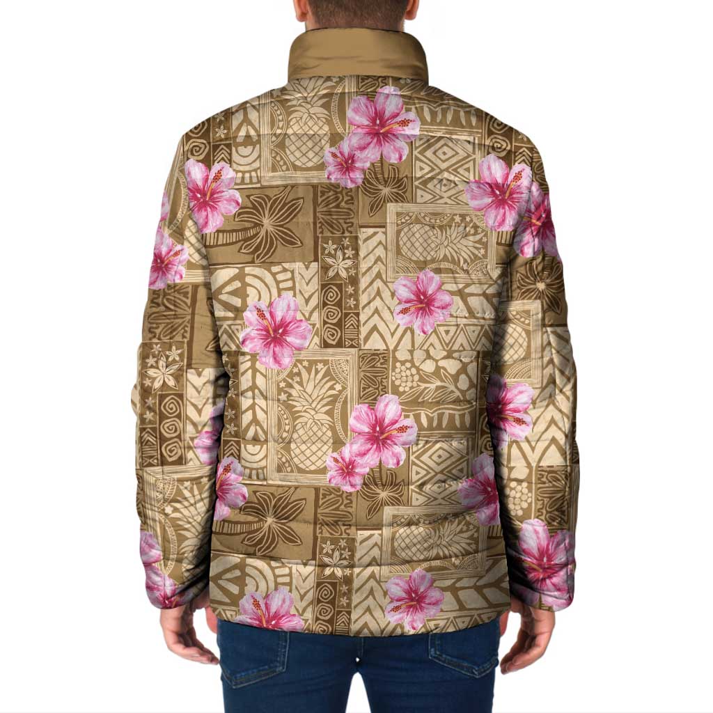 Beige Hawaii Hibiscus With Tropical Flowers Motifs Padded Jacket LT14 - Polynesian Pride