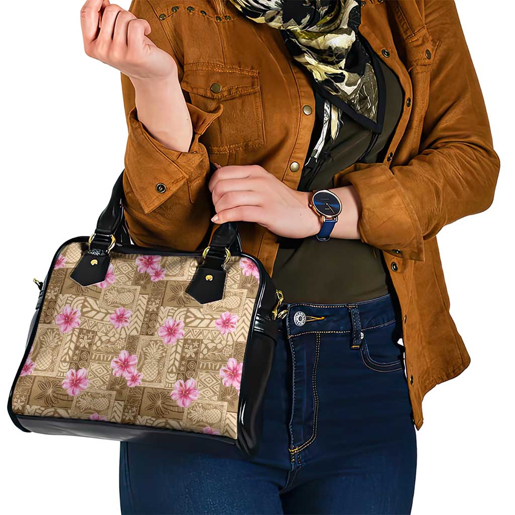 Beige Hawaii Hibiscus With Tropical Flowers Motifs Shoulder Handbag - Polynesian Pride