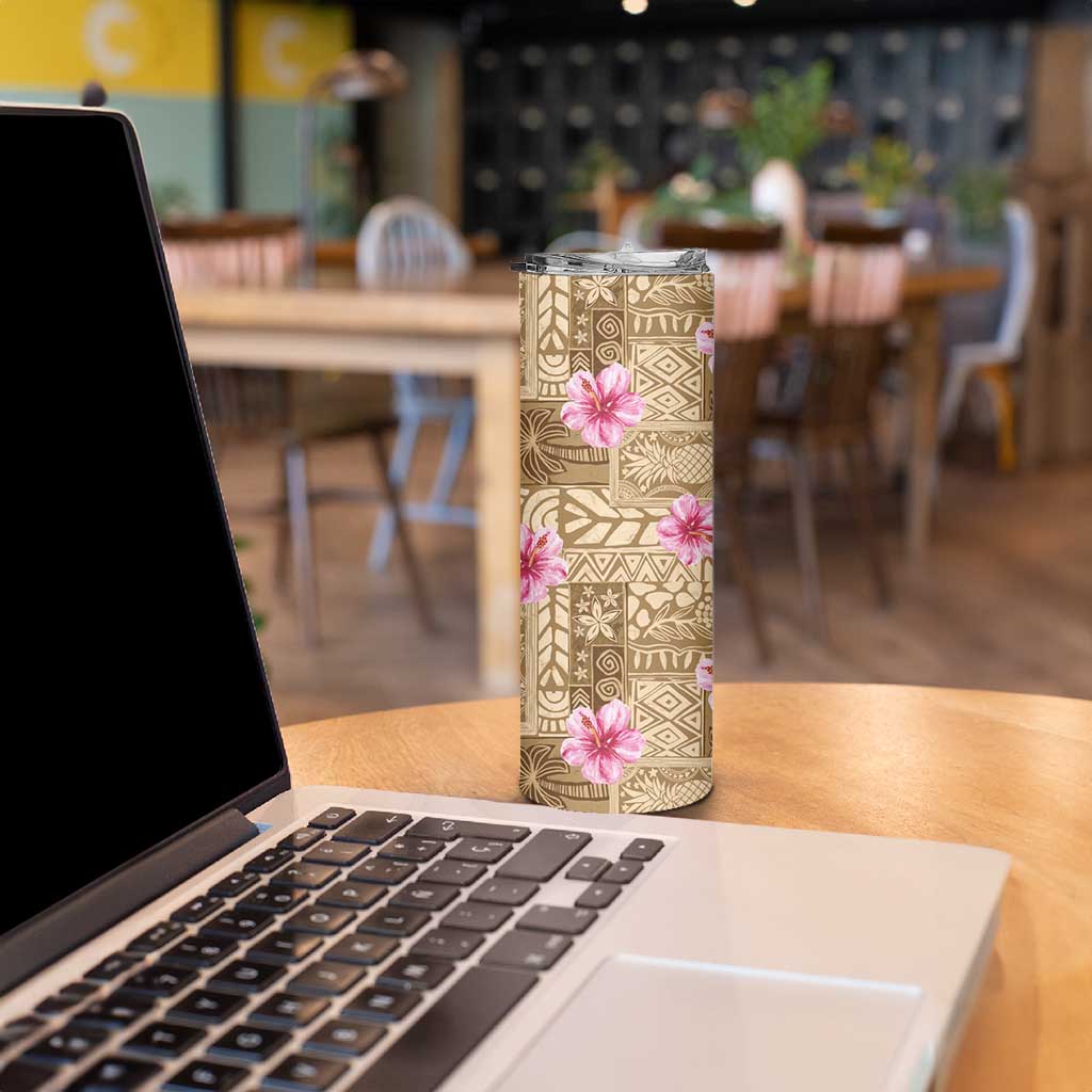 Beige Hawaii Hibiscus With Tropical Flowers Motifs Skinny Tumbler - Polynesian Pride