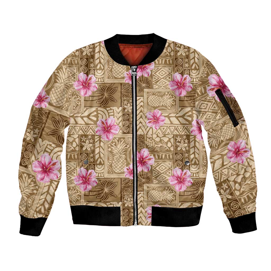 Beige Hawaii Hibiscus With Tropical Flowers Motifs Sleeve Zip Bomber Jacket LT14 Unisex Beige - Polynesian Pride