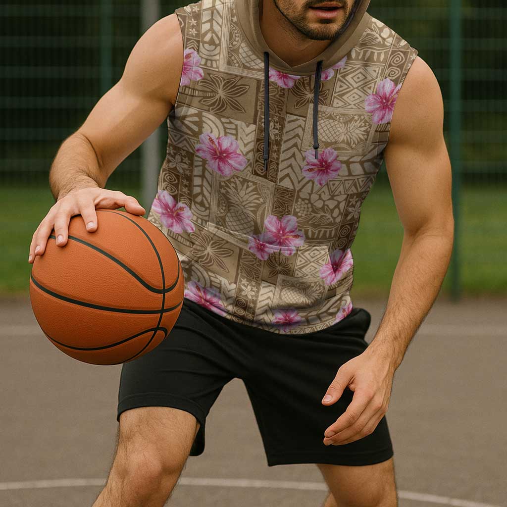 Beige Hawaii Hibiscus With Tropical Flowers Motifs Sleeveless Hoodie - Polynesian Pride