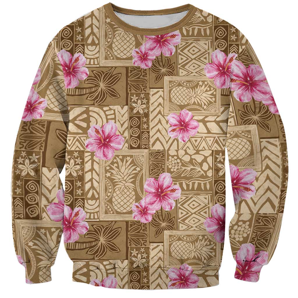 Beige Hawaii Hibiscus With Tropical Flowers Motifs Sweatshirt LT14 Unisex Beige - Polynesian Pride