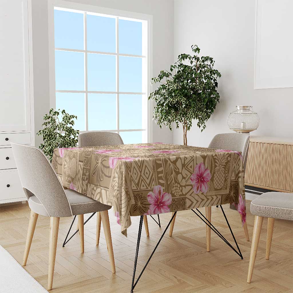 Beige Hawaii Hibiscus With Tropical Flowers Motifs Tablecloth - Polynesian Pride