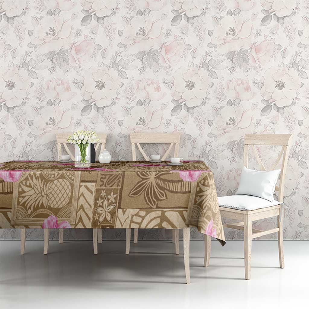 Beige Hawaii Hibiscus With Tropical Flowers Motifs Tablecloth - Polynesian Pride