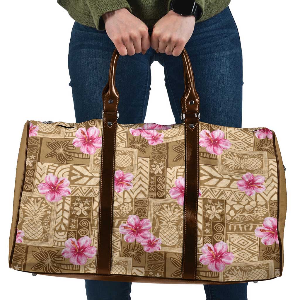 Beige Hawaii Hibiscus With Tropical Flowers Motifs Travel Bag - Polynesian Pride