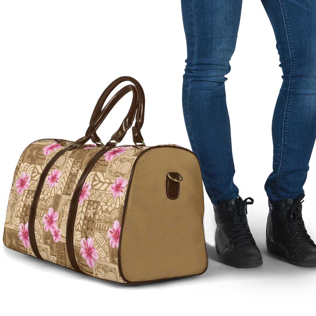 Beige Hawaii Hibiscus With Tropical Flowers Motifs Travel Bag - Polynesian Pride