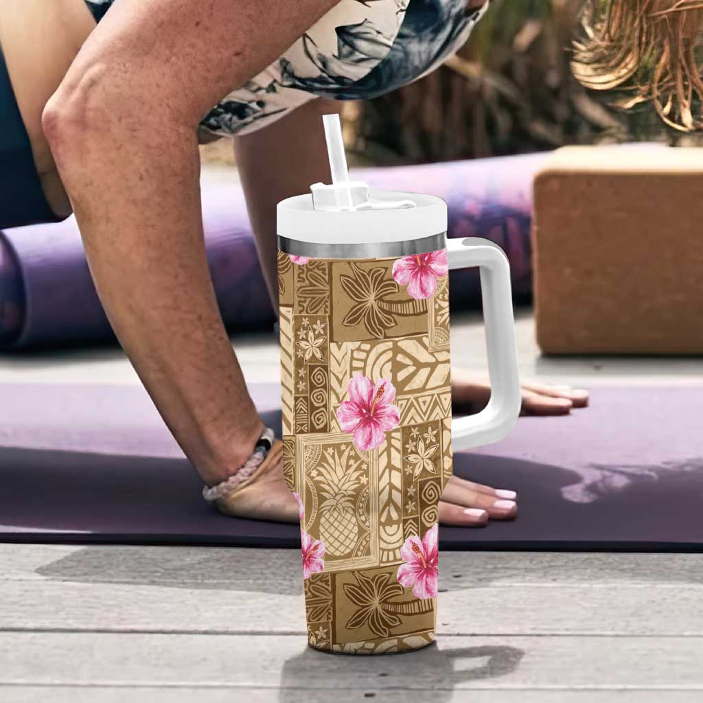 Beige Hawaii Hibiscus With Tropical Flowers Motifs Tumbler With Handle - Polynesian Pride