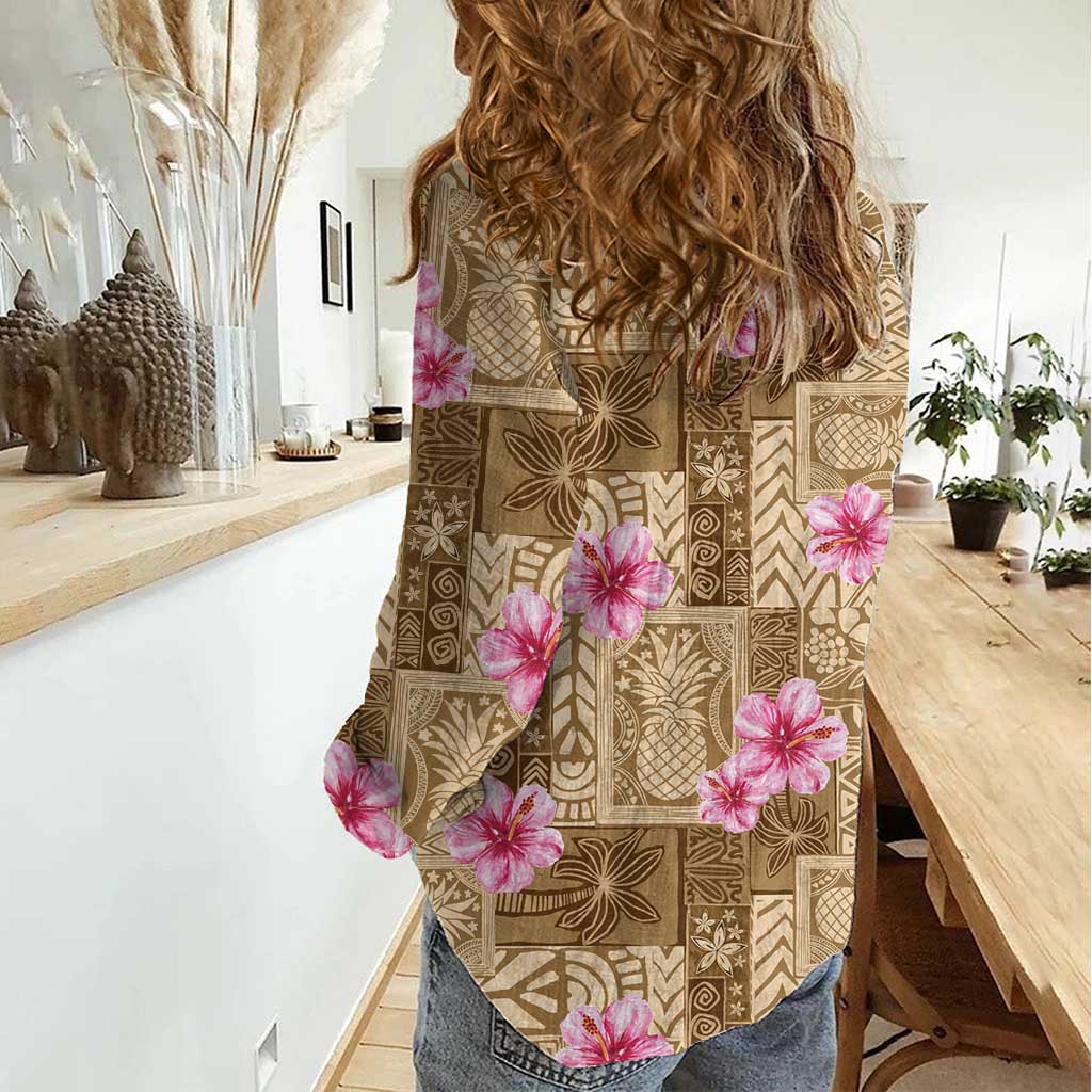 Beige Hawaii Hibiscus With Tropical Flowers Motifs Women Casual Shirt LT14 - Polynesian Pride