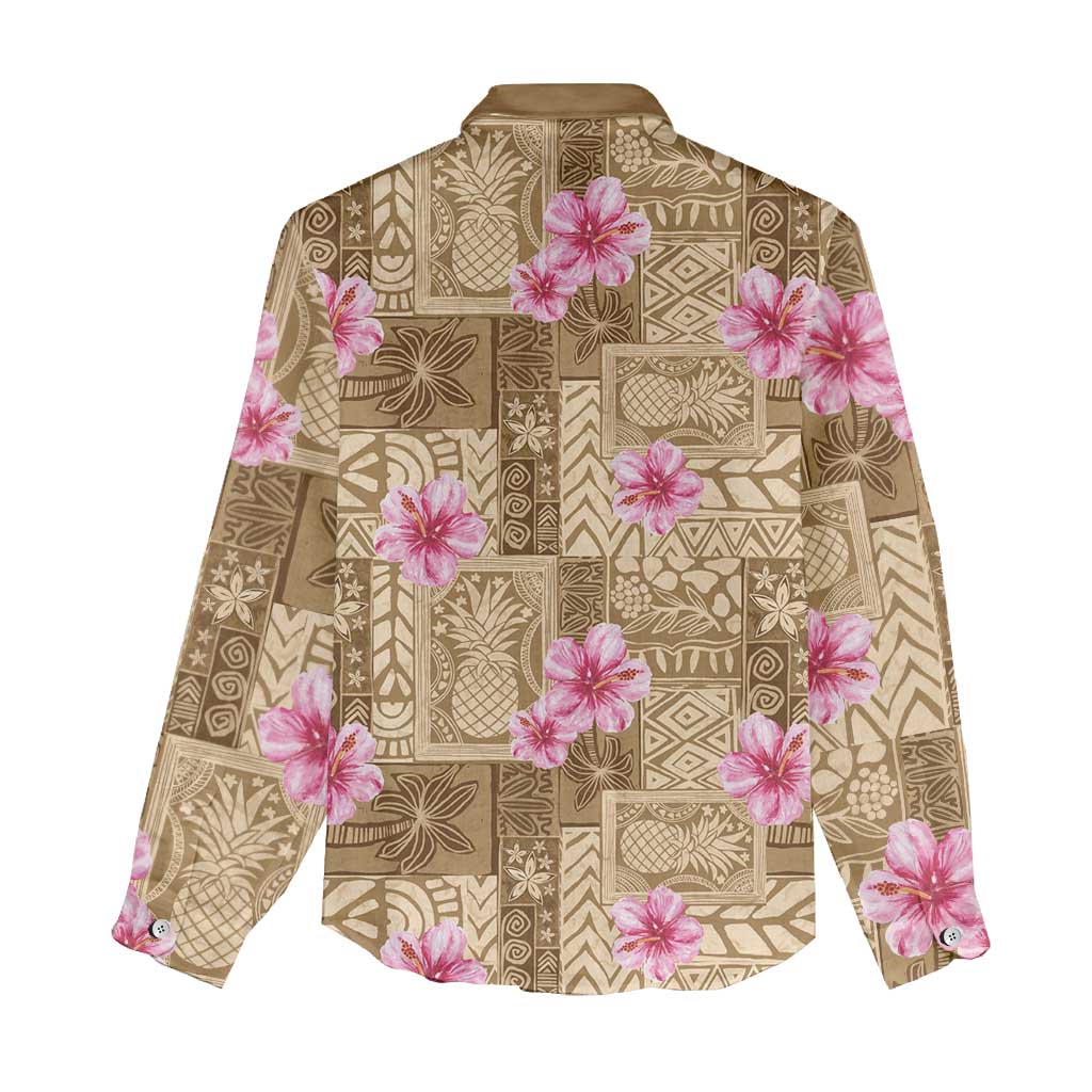 Beige Hawaii Hibiscus With Tropical Flowers Motifs Women Casual Shirt LT14 - Polynesian Pride