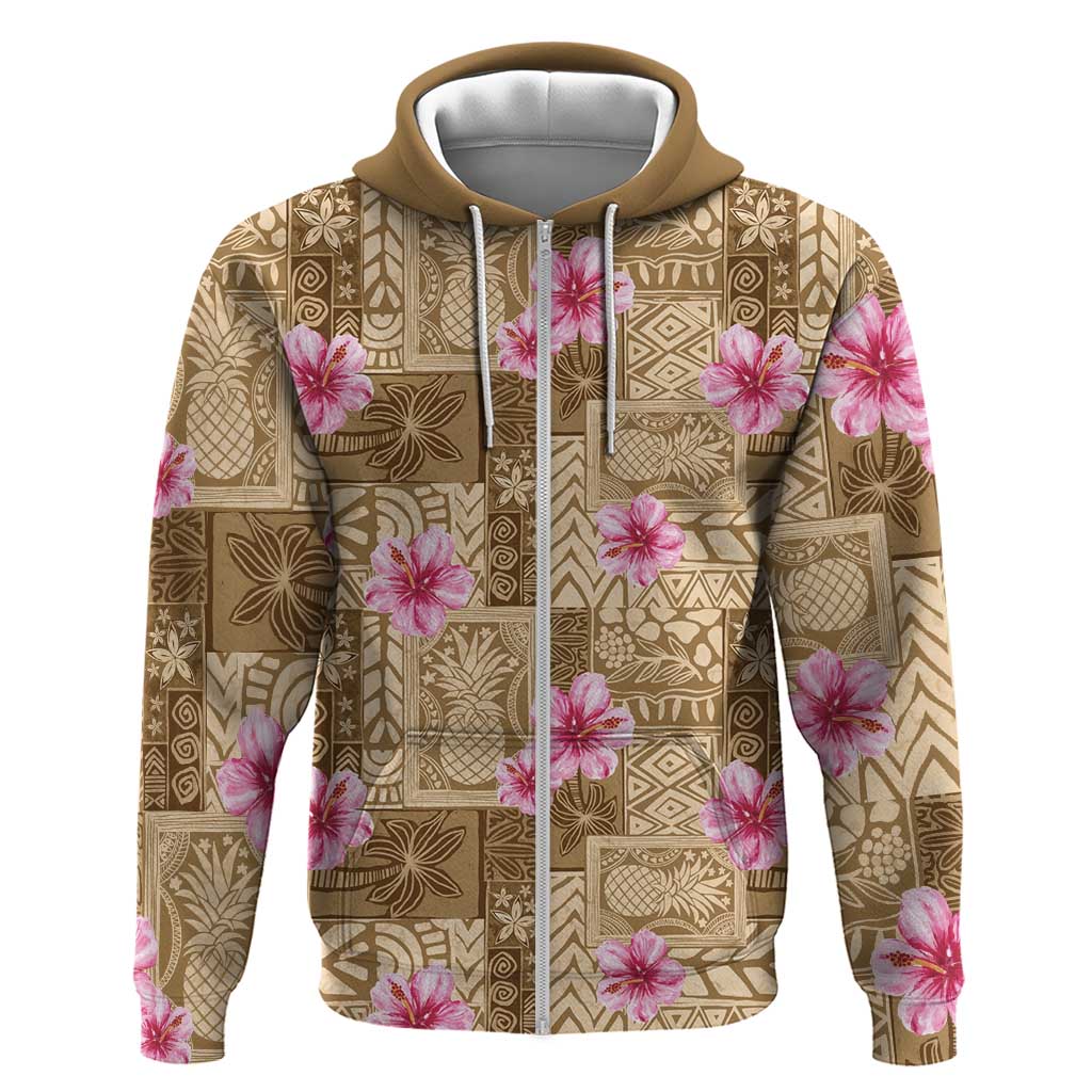 Beige Hawaii Hibiscus With Tropical Flowers Motifs Zip Hoodie LT14 Zip Hoodie Beige - Polynesian Pride