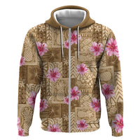 Beige Hawaii Hibiscus With Tropical Flowers Motifs Zip Hoodie LT14 Zip Hoodie Beige - Polynesian Pride