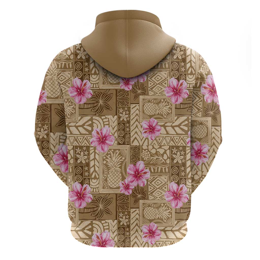 Beige Hawaii Hibiscus With Tropical Flowers Motifs Zip Hoodie LT14 - Polynesian Pride