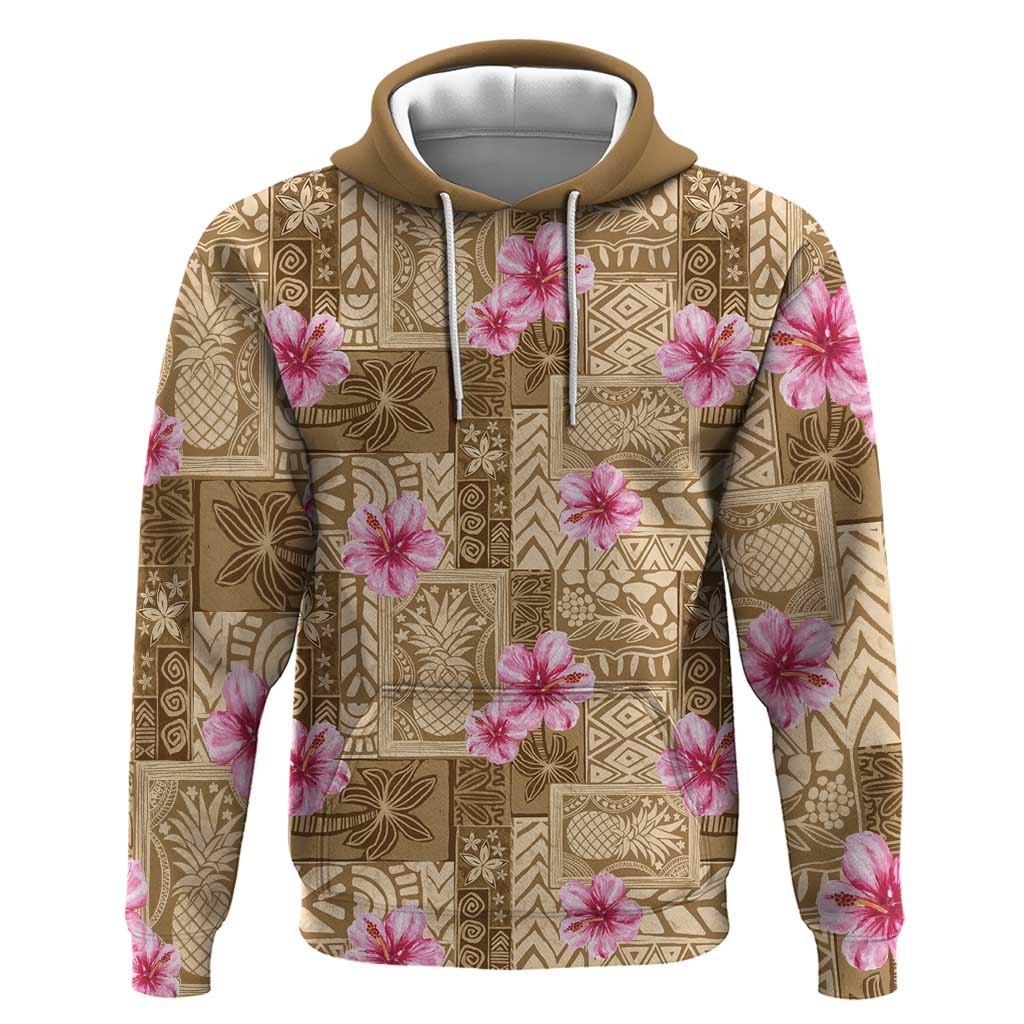 Beige Hawaii Hibiscus With Tropical Flowers Motifs Zip Hoodie LT14 Pullover Hoodie Beige - Polynesian Pride