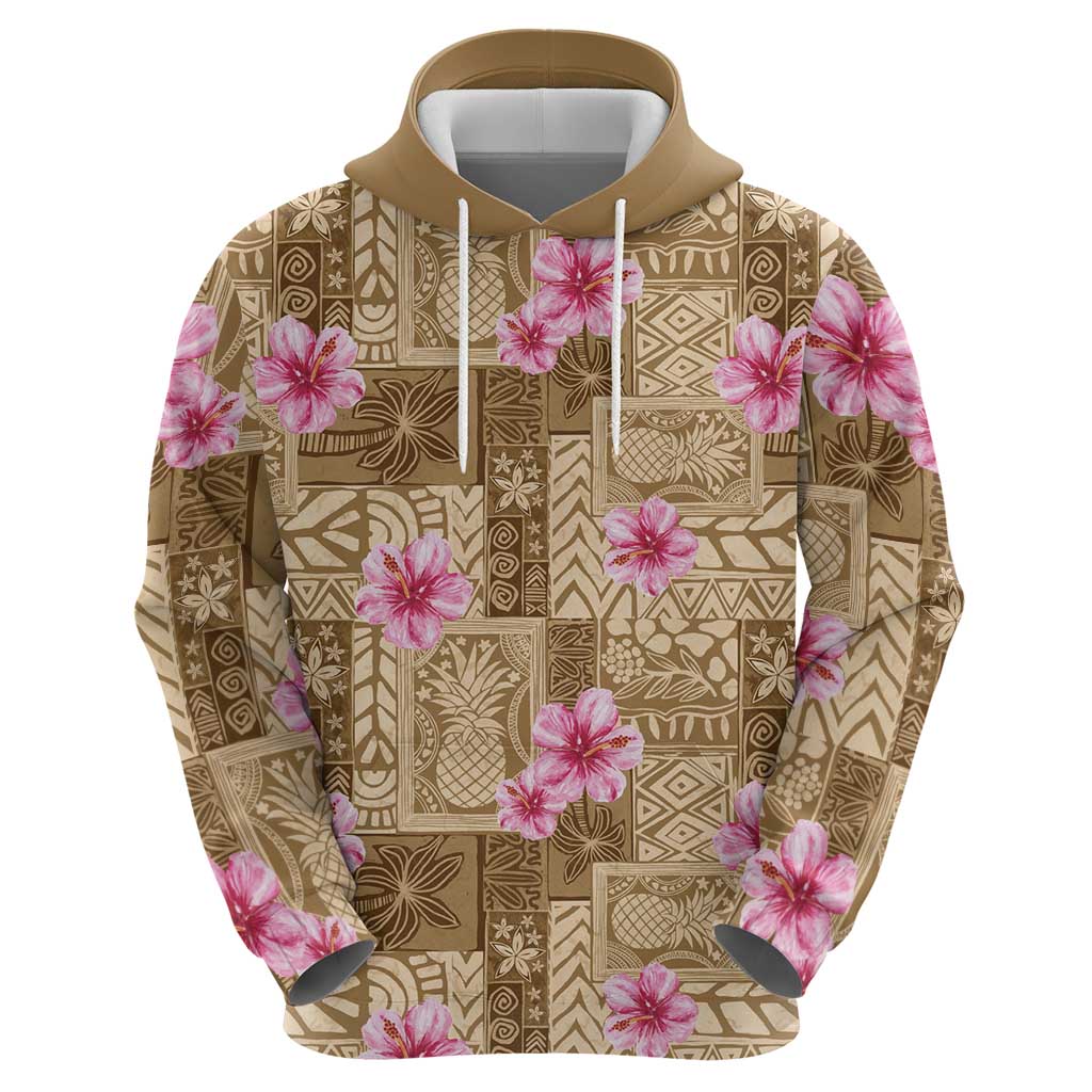 Beige Hawaii Hibiscus With Tropical Flowers Motifs Zip Hoodie LT14 - Polynesian Pride