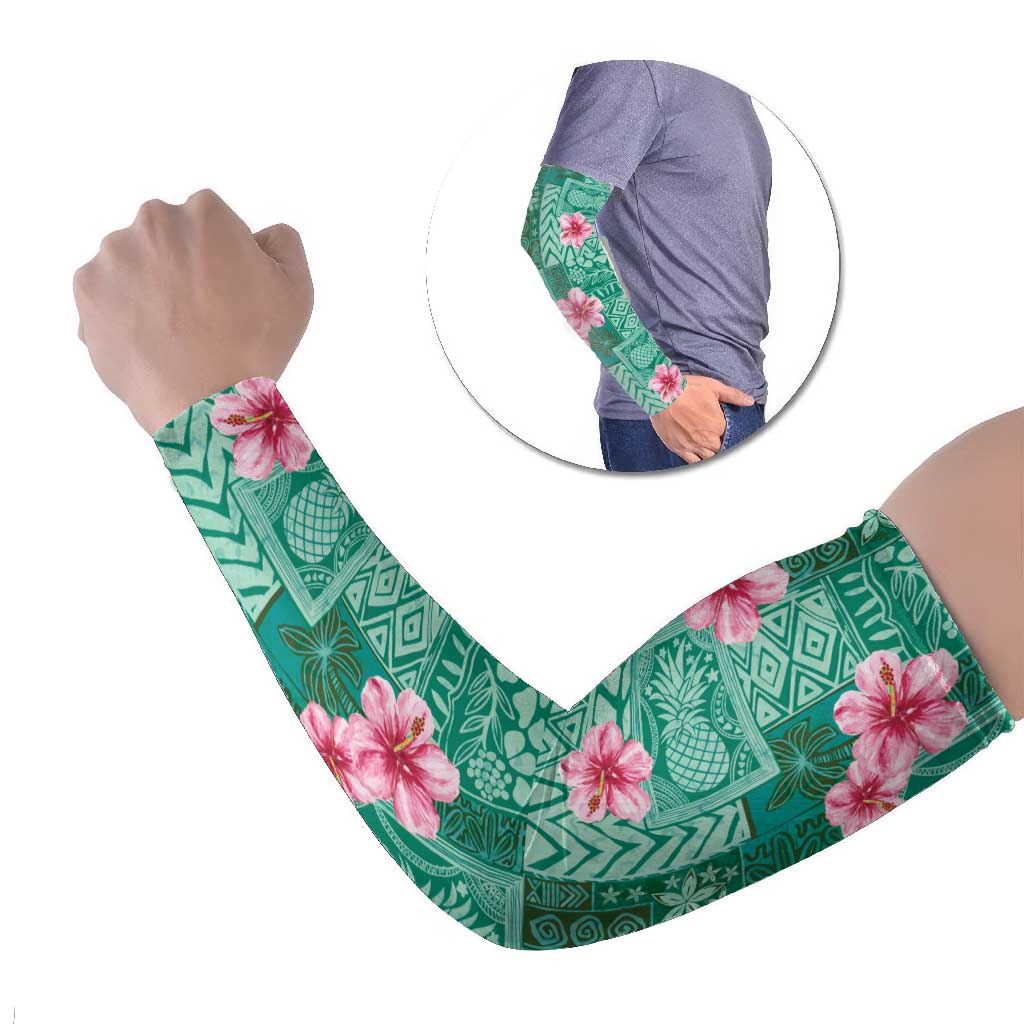 Cyan Hawaii Hibiscus With Tropical Flowers Motifs Arm Sleeves LT14 Set of 2 Cyan - Polynesian Pride