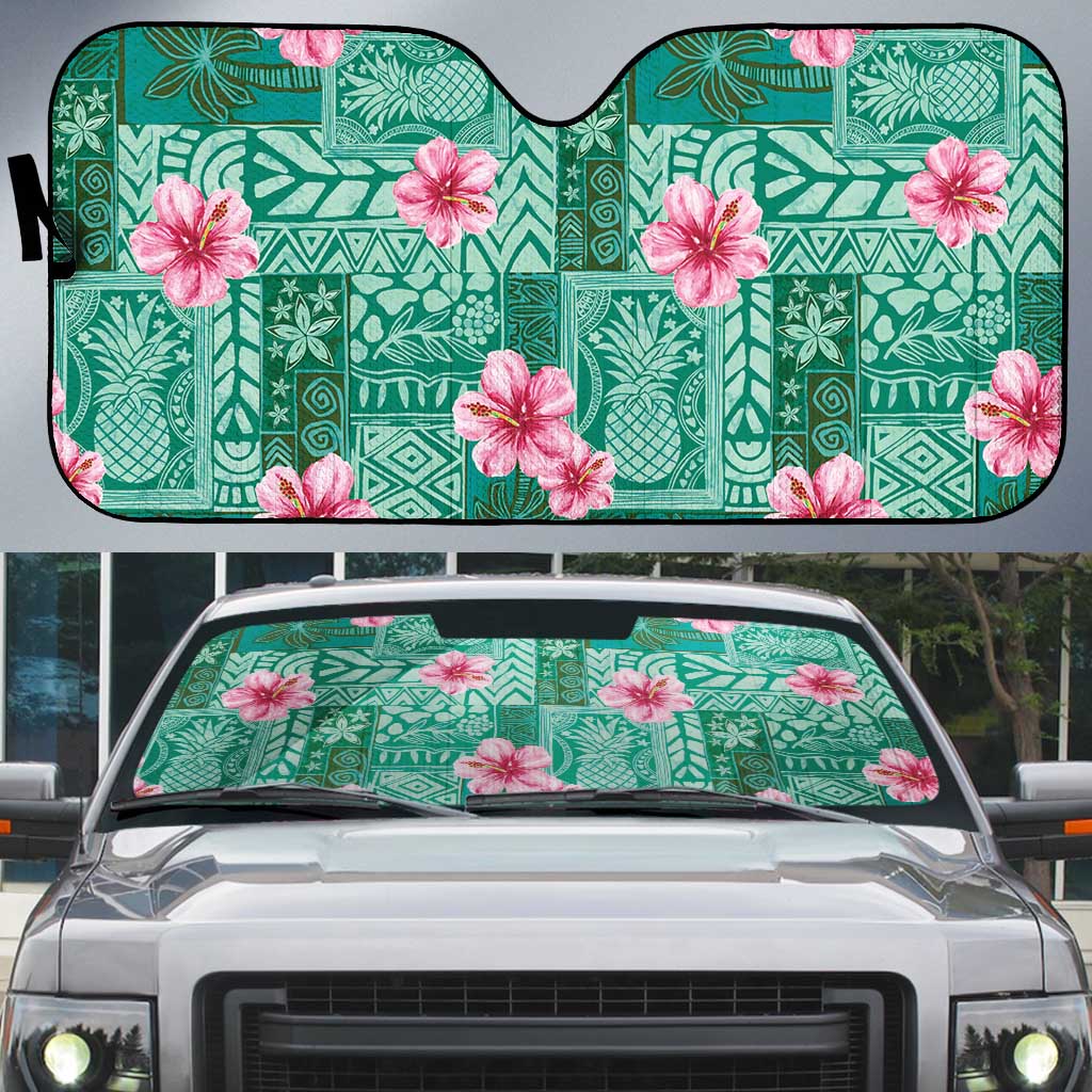 Cyan Hawaii Hibiscus With Tropical Flowers Motifs Auto Sun Shade LT14 Cyan - Polynesian Pride