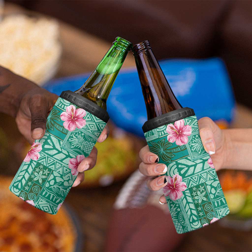 Cyan Hawaii Hibiscus With Tropical Flowers Motifs 4 in 1 Can Cooler Tumbler - Polynesian Pride