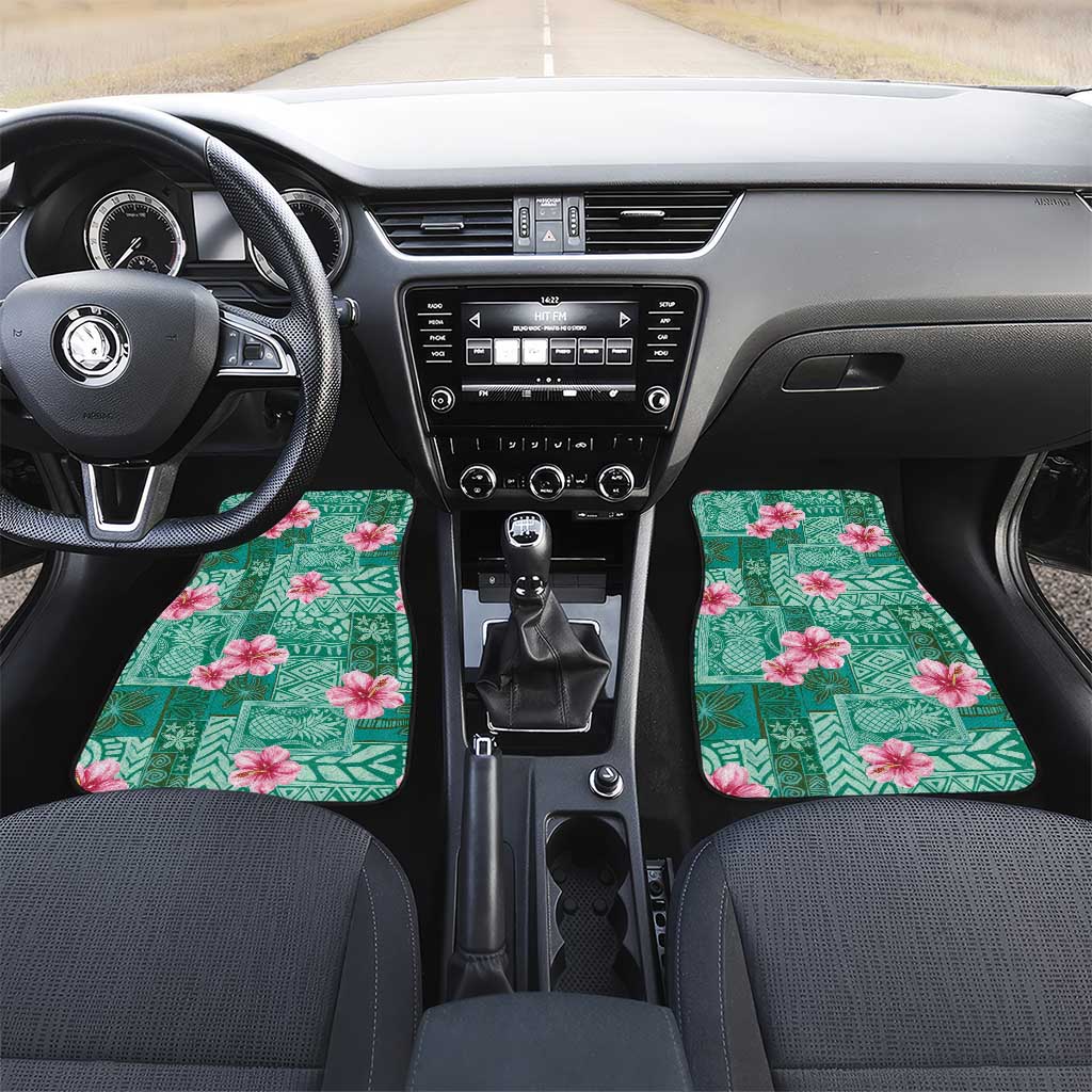 Cyan Hawaii Hibiscus With Tropical Flowers Motifs Car Mats - Polynesian Pride