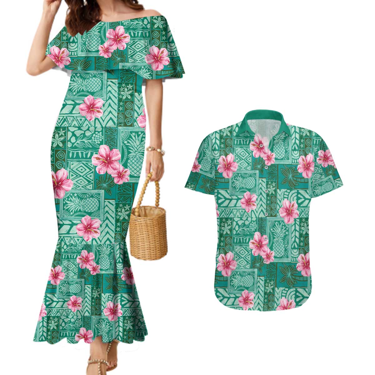 Cyan Hawaii Hibiscus With Tropical Flowers Motifs Couples Matching Mermaid Dress and Hawaiian Shirt LT14 Cyan - Polynesian Pride