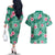 Cyan Hawaii Hibiscus With Tropical Flowers Motifs Couples Matching Off The Shoulder Long Sleeve Dress and Hawaiian Shirt - Polynesian Pride