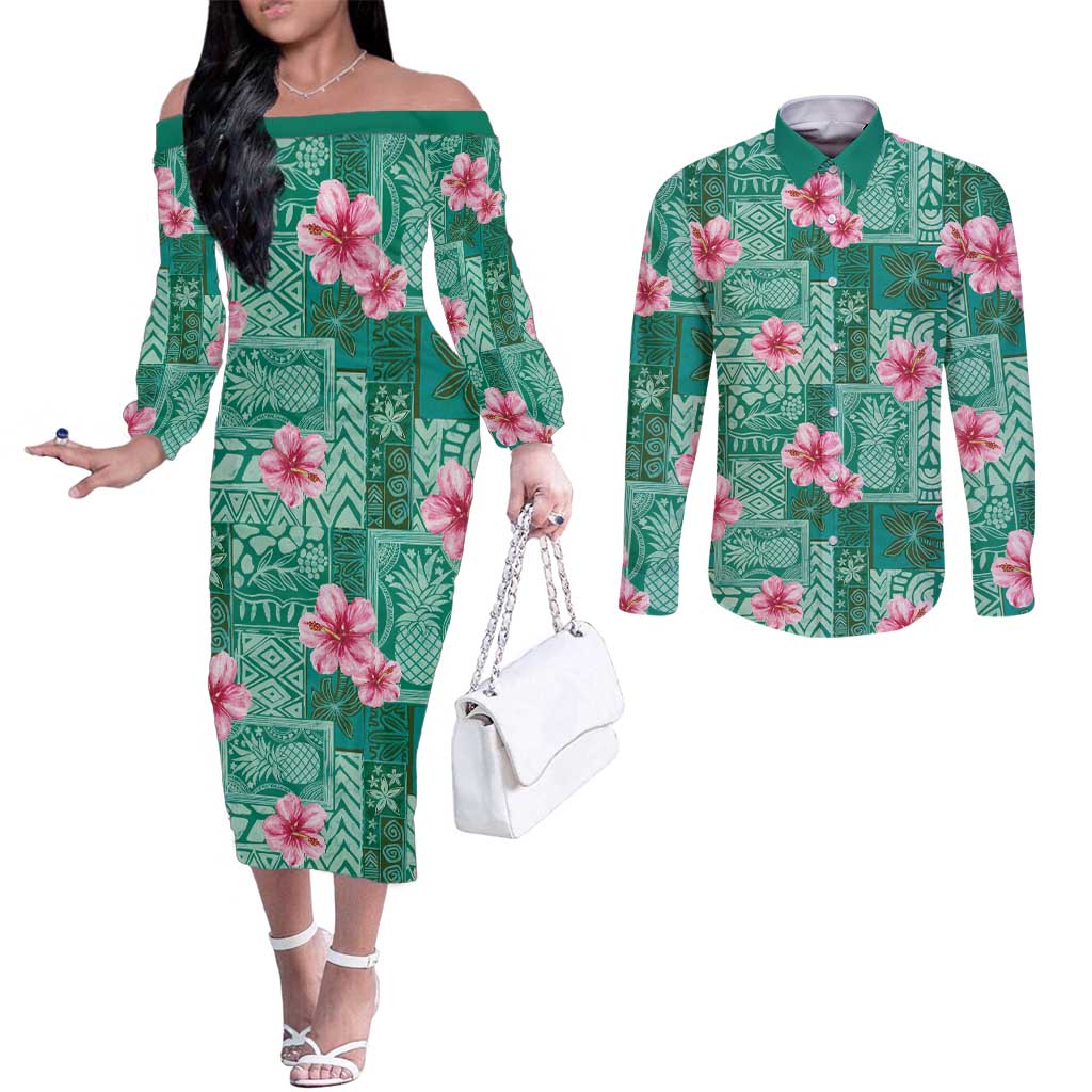Cyan Hawaii Hibiscus With Tropical Flowers Motifs Couples Matching Off The Shoulder Long Sleeve Dress and Long Sleeve Button Shirt LT14 Cyan - Polynesian Pride