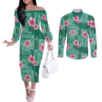 Cyan Hawaii Hibiscus With Tropical Flowers Motifs Couples Matching Off The Shoulder Long Sleeve Dress and Long Sleeve Button Shirt LT14 Cyan - Polynesian Pride