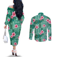 Cyan Hawaii Hibiscus With Tropical Flowers Motifs Couples Matching Off The Shoulder Long Sleeve Dress and Long Sleeve Button Shirt LT14 - Polynesian Pride