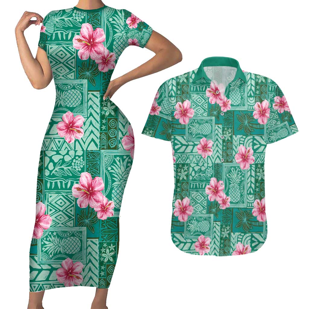 Cyan Hawaii Hibiscus With Tropical Flowers Motifs Couples Matching Short Sleeve Bodycon Dress and Hawaiian Shirt LT14 Cyan - Polynesian Pride
