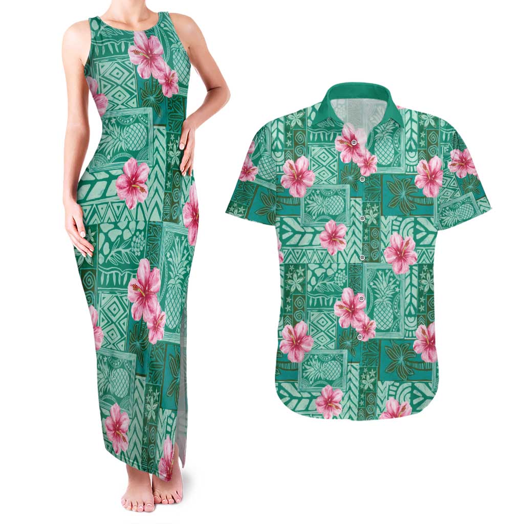 Cyan Hawaii Hibiscus With Tropical Flowers Motifs Couples Matching Tank Maxi Dress and Hawaiian Shirt LT14 Cyan - Polynesian Pride