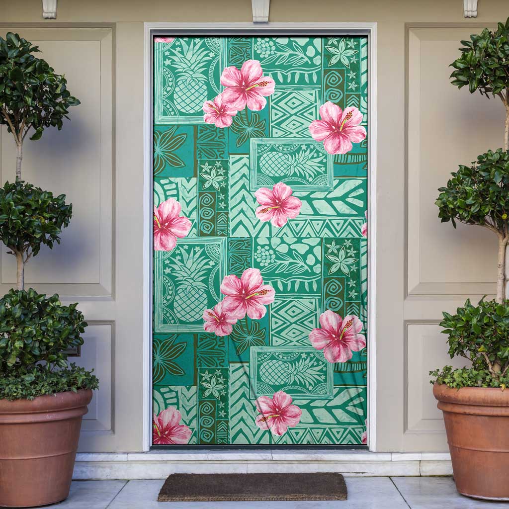 Cyan Hawaii Hibiscus With Tropical Flowers Motifs Door Cover LT14 Cyan - Polynesian Pride