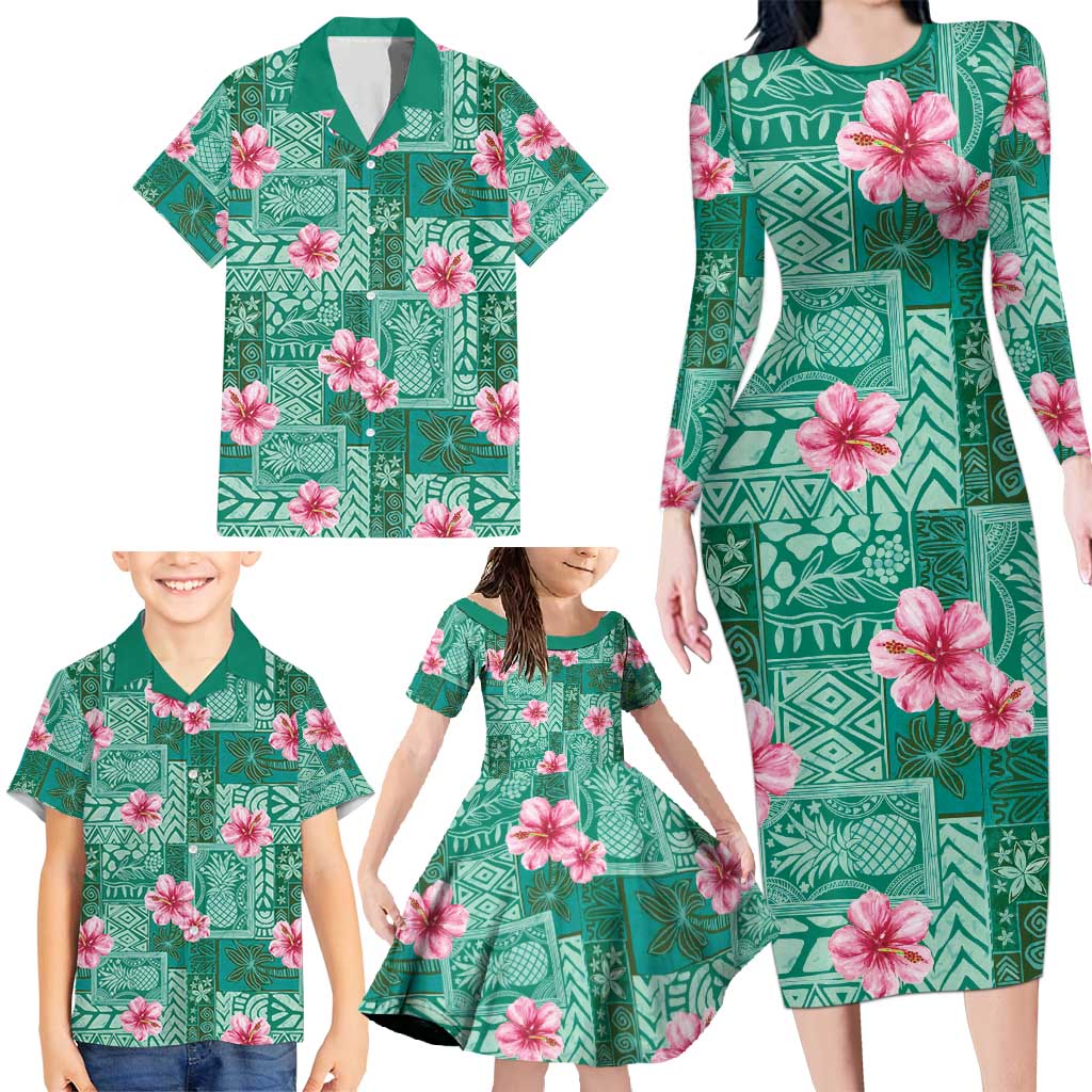 Cyan Hawaii Hibiscus With Tropical Flowers Motifs Family Matching Long Sleeve Bodycon Dress and Hawaiian Shirt LT14 - Polynesian Pride