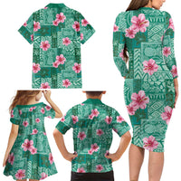 Cyan Hawaii Hibiscus With Tropical Flowers Motifs Family Matching Long Sleeve Bodycon Dress and Hawaiian Shirt LT14 - Polynesian Pride