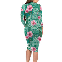 Cyan Hawaii Hibiscus With Tropical Flowers Motifs Family Matching Long Sleeve Bodycon Dress and Hawaiian Shirt LT14 - Polynesian Pride