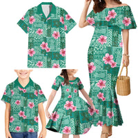 Cyan Hawaii Hibiscus With Tropical Flowers Motifs Family Matching Mermaid Dress and Hawaiian Shirt LT14 - Polynesian Pride