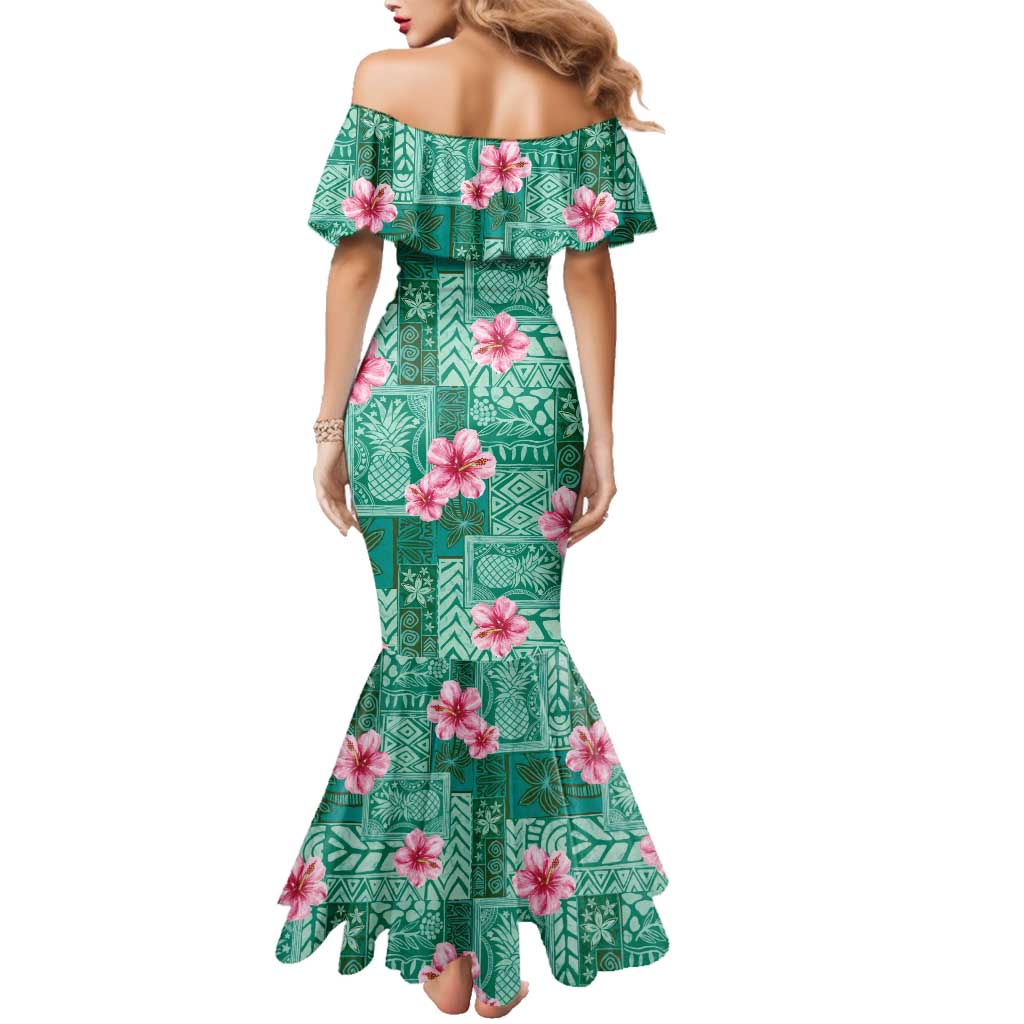Cyan Hawaii Hibiscus With Tropical Flowers Motifs Family Matching Mermaid Dress and Hawaiian Shirt LT14 - Polynesian Pride