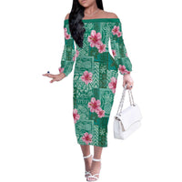 Cyan Hawaii Hibiscus With Tropical Flowers Motifs Family Matching Off The Shoulder Long Sleeve Dress and Hawaiian Shirt LT14 Mom's Dress Cyan - Polynesian Pride
