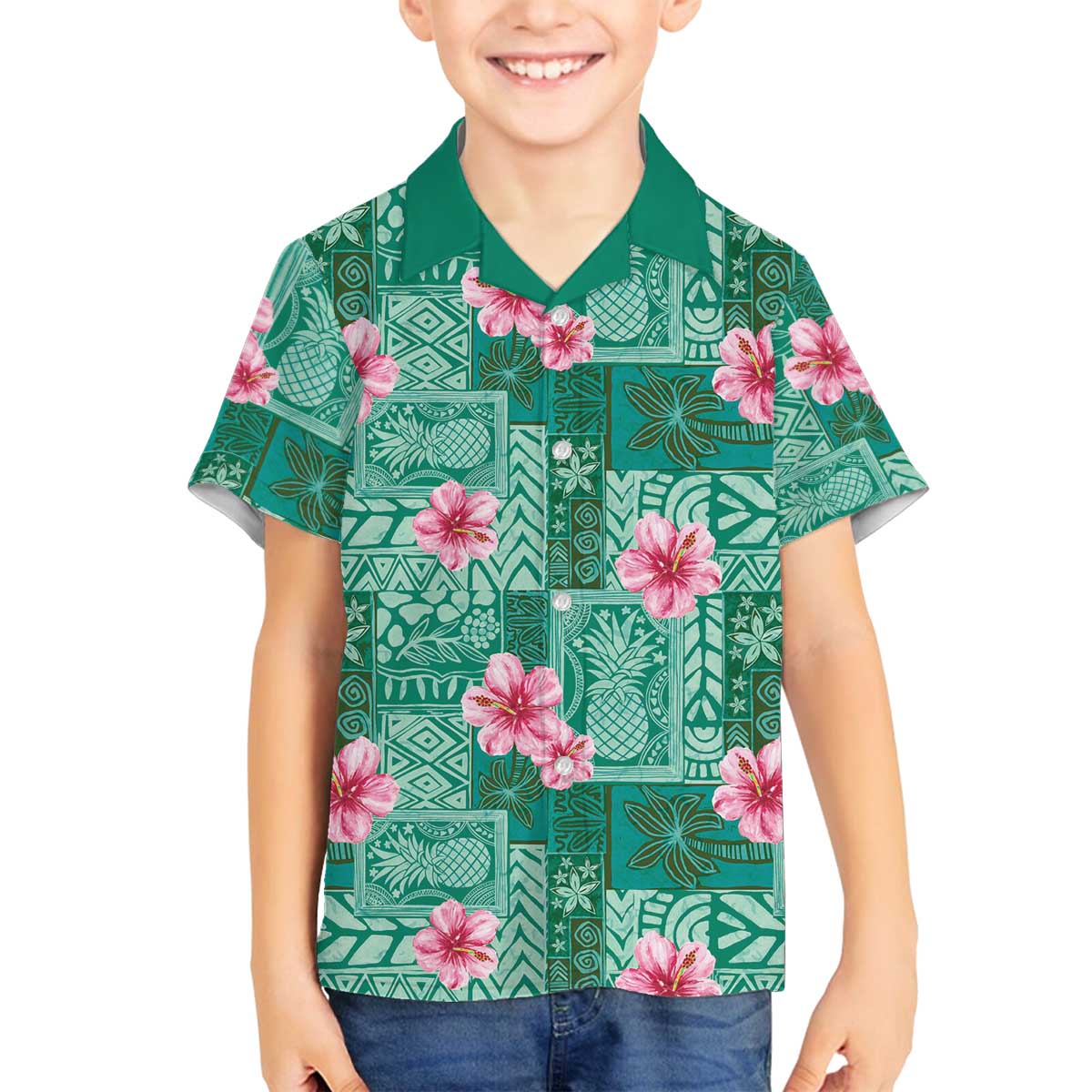 Cyan Hawaii Hibiscus With Tropical Flowers Motifs Family Matching Off The Shoulder Long Sleeve Dress and Hawaiian Shirt LT14 Son's Shirt Cyan - Polynesian Pride