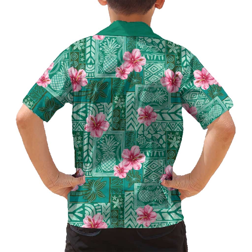 Cyan Hawaii Hibiscus With Tropical Flowers Motifs Family Matching Off Shoulder Maxi Dress and Hawaiian Shirt LT14 - Polynesian Pride